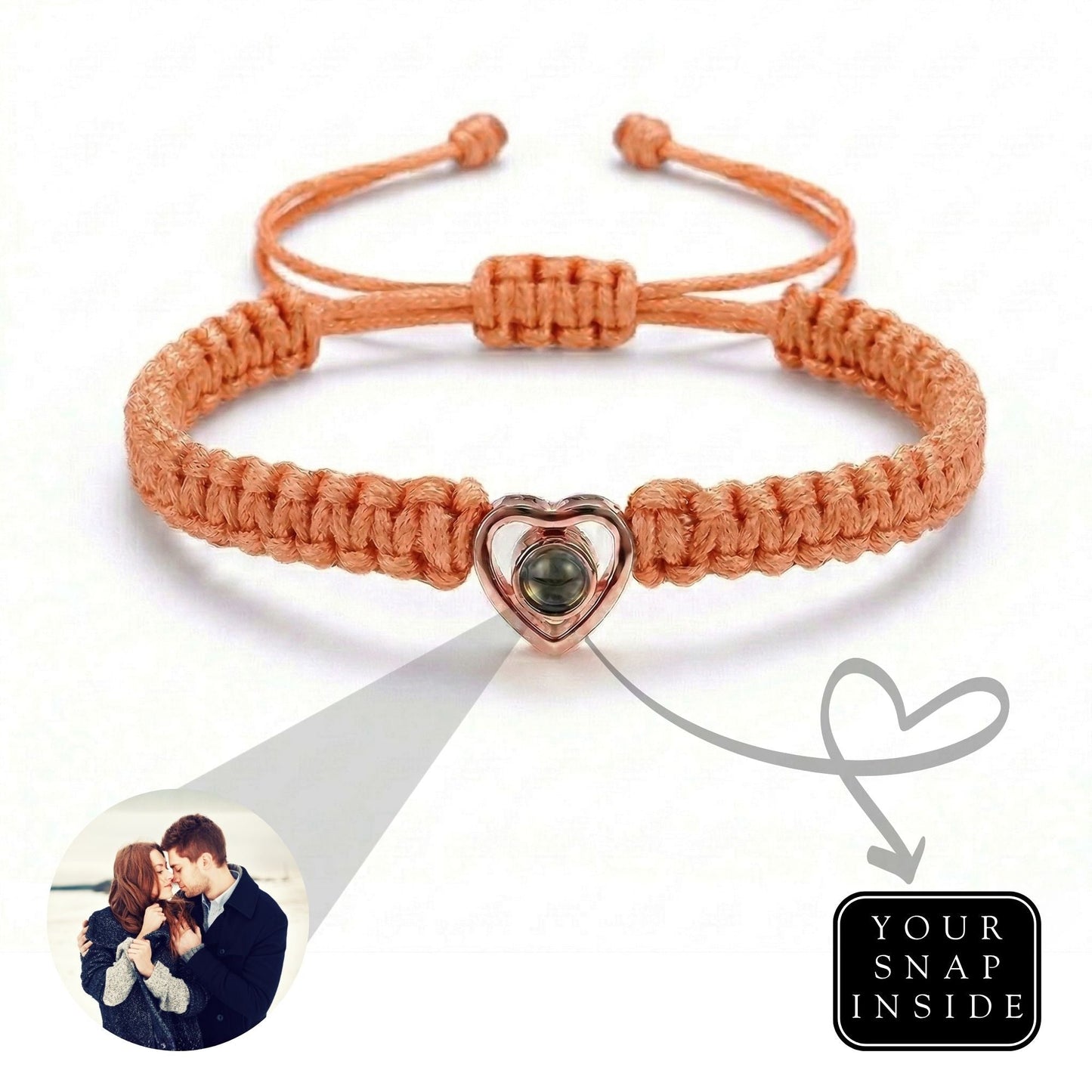 His/Her Braided Rope photo Projection heart Bracelet- SnapEyelet