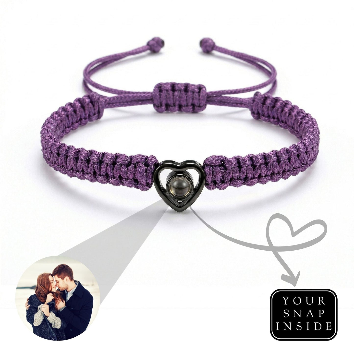 His/Her Braided Rope photo Projection heart Bracelet- SnapEyelet