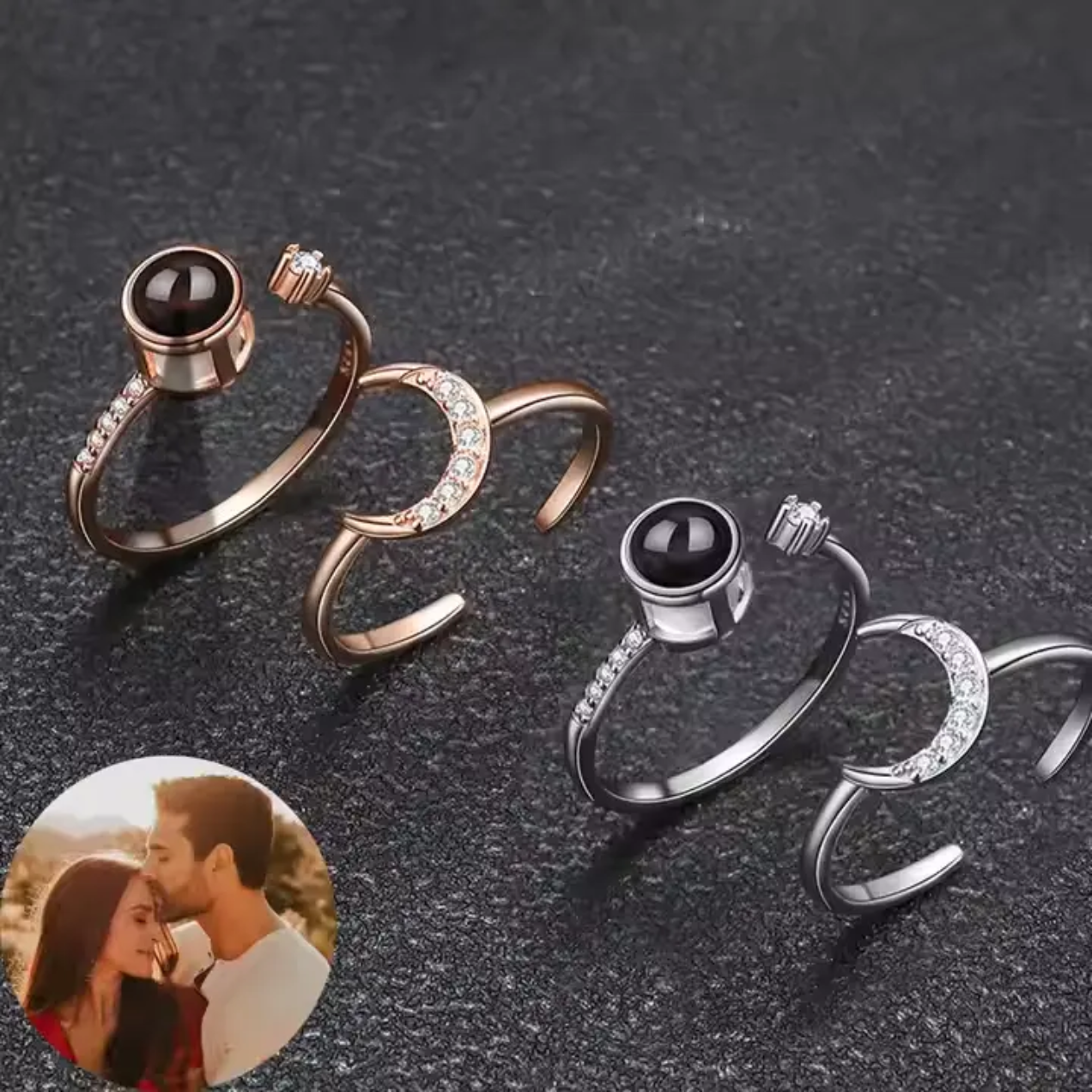 Hidden photo projection half moon ring- Snapeyelet