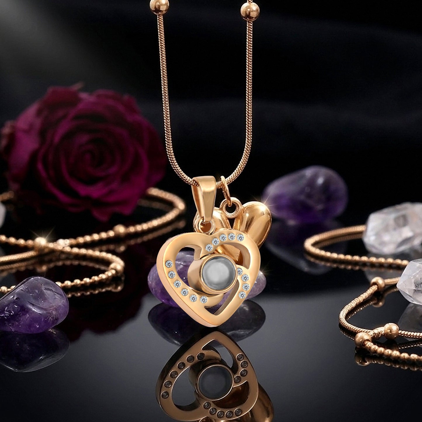 Zircon Studded Double Heart Necklace SnapEyelet